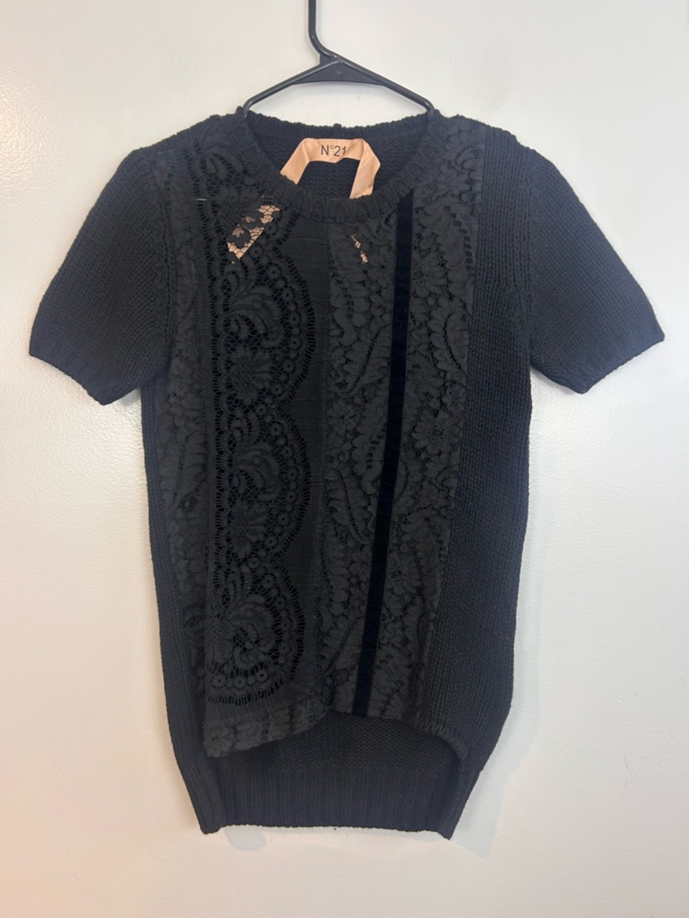 No. 21 Back Lace & Velvet Short Sleeve Sheer Front Sweater/Top Size Small